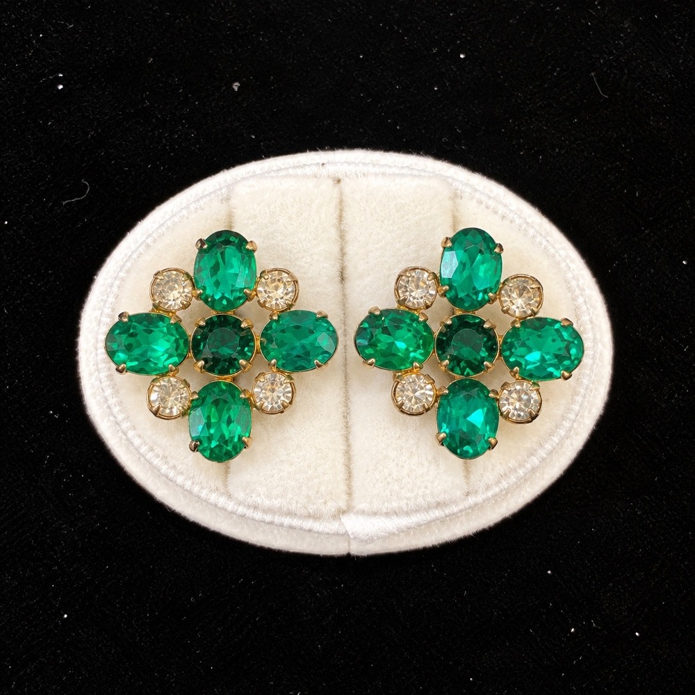 Vtg Sterling Silver Screw Back Earrings Green Clear Rhinestone UV Reactive Glow
